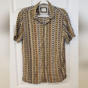 MENS, Denim& flower button down retro printed shirt. Medium, orange,blue, yellow